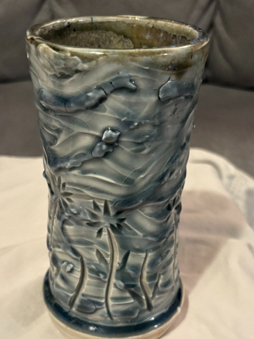 HandCrafted Studio Art Pottery VASE-Etched w/ Palm Trees & Wind-7"H & 3.5" D-NEW